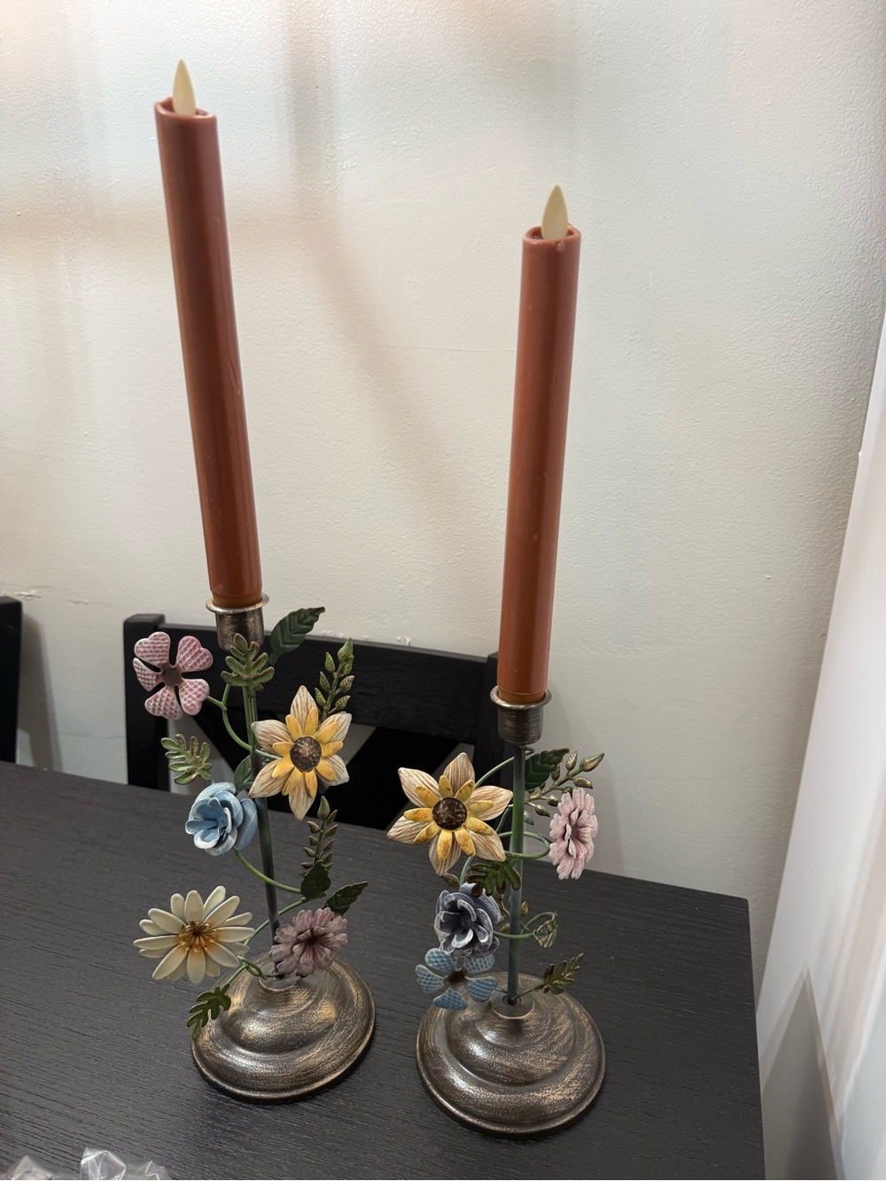 Decorative Floral Metal Candle Holders with Rust Taper Candles - Set of 2